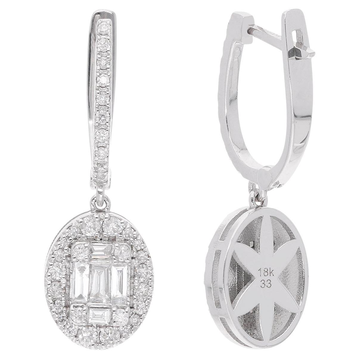 Boucles d'oreilles à levier en or blanc 18 carats avec diamants taille baguette SI/HI de 0,8 carat