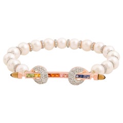 Bracelet de pierres précieuses multi-saphir perle or rose 14k diamant pavé Fine Jewelry