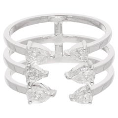 0.80 Carat Pear Diamond Cuff Three Band Ring 18 Karat White Gold Fine Jewelry