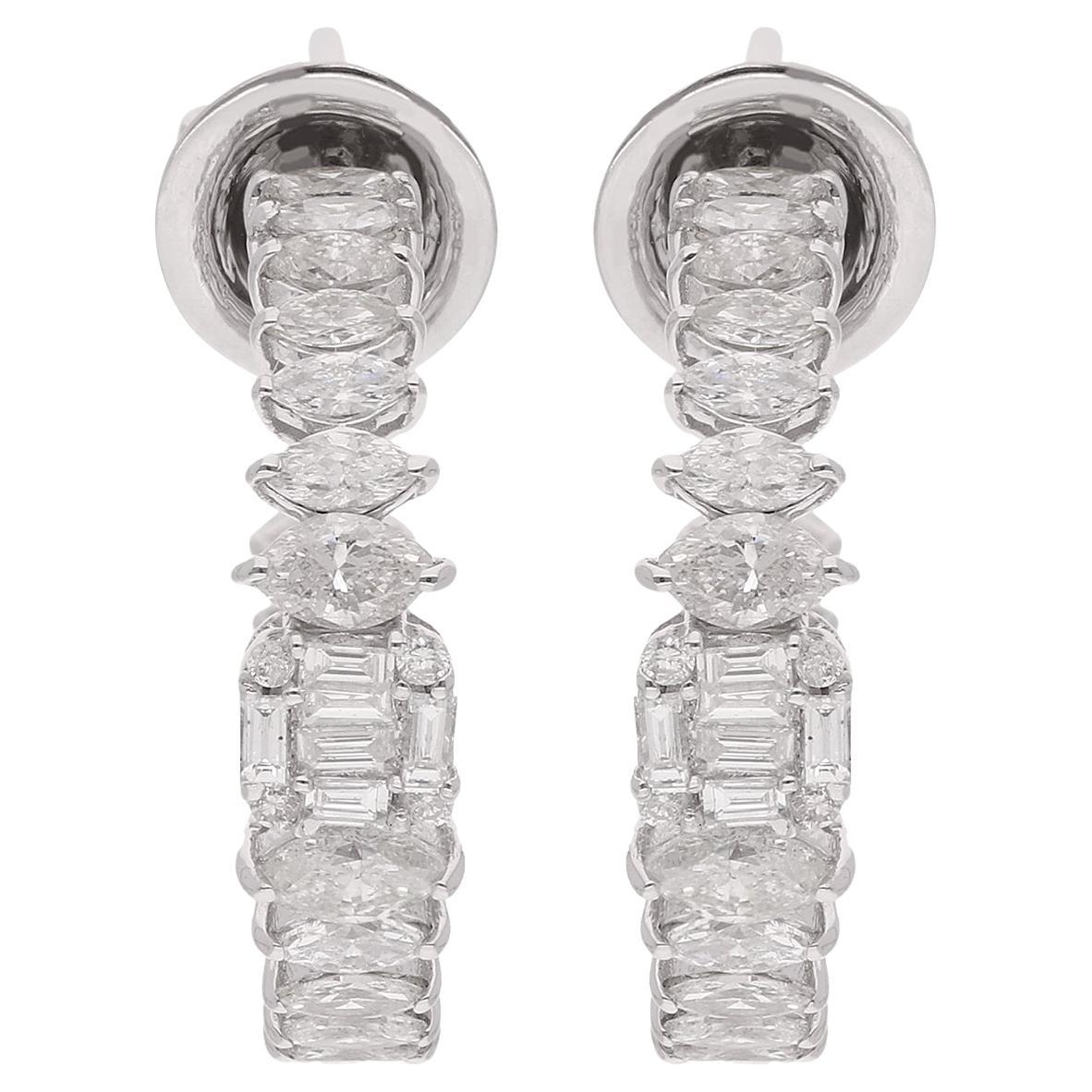Modern New Baguette Marquise Diamond Hoop Earrings 18 Karat White Gold Handmade Jewelry For Sale