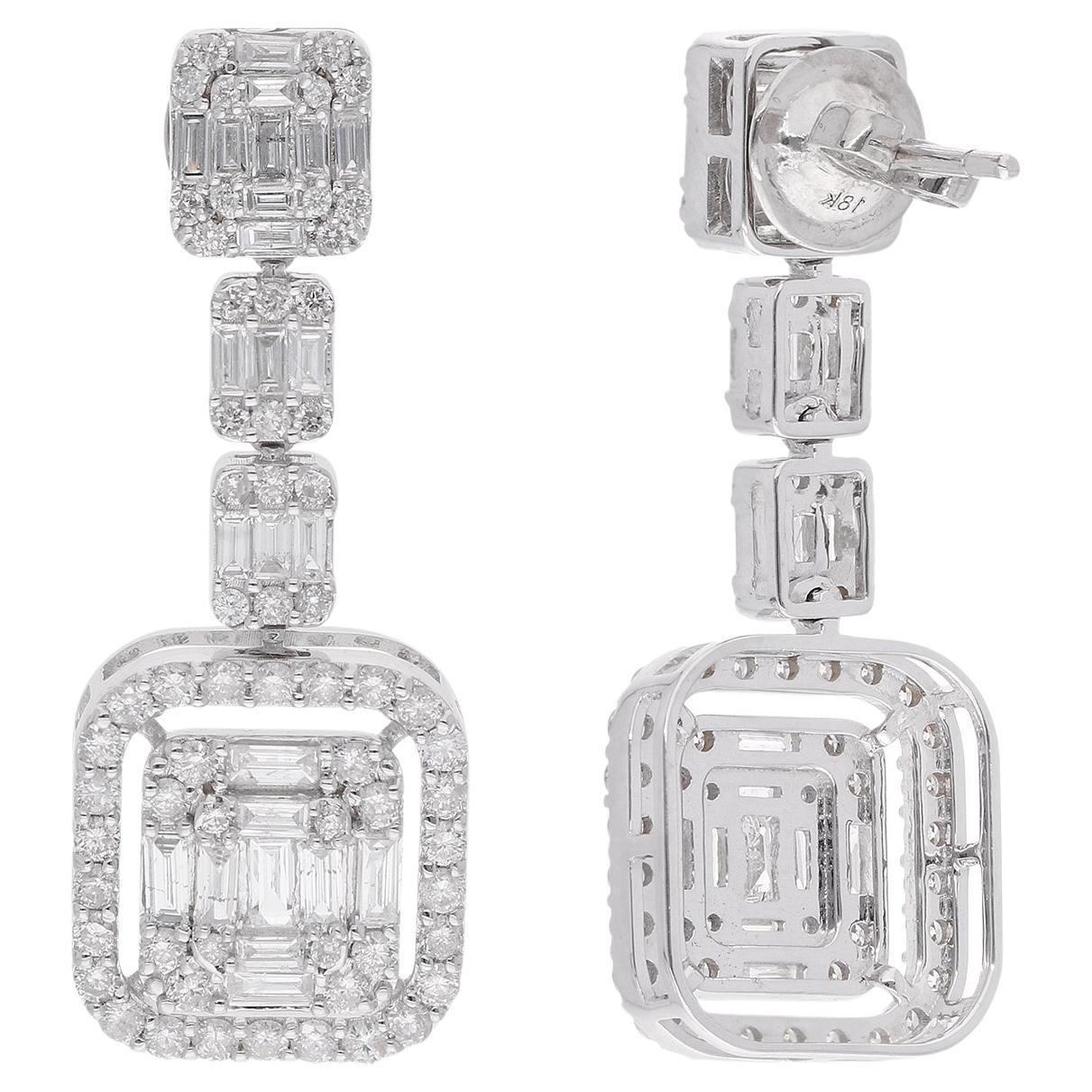 Pendants d'oreilles en or blanc 18 carats avec diamants baguettes de 2,90 carats, fabrication artisanale