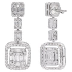 2.90 Carat Baguette Diamond Dangle Earrings 18 Karat White Gold Handmade Jewelry