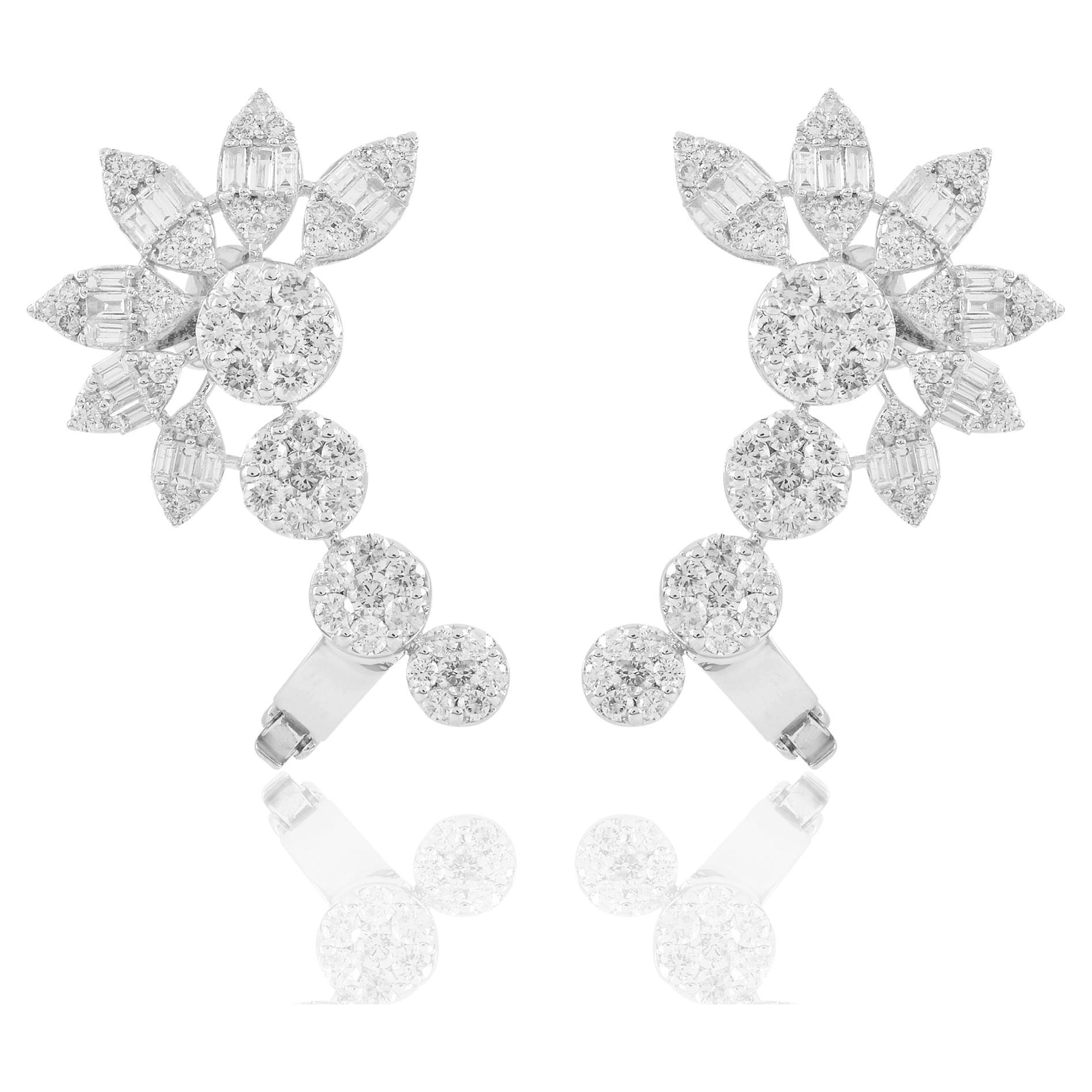 4 Carat Baguette Round Diamond Ear Cuff Earrings 18 Karat White Gold Jewelry For Sale