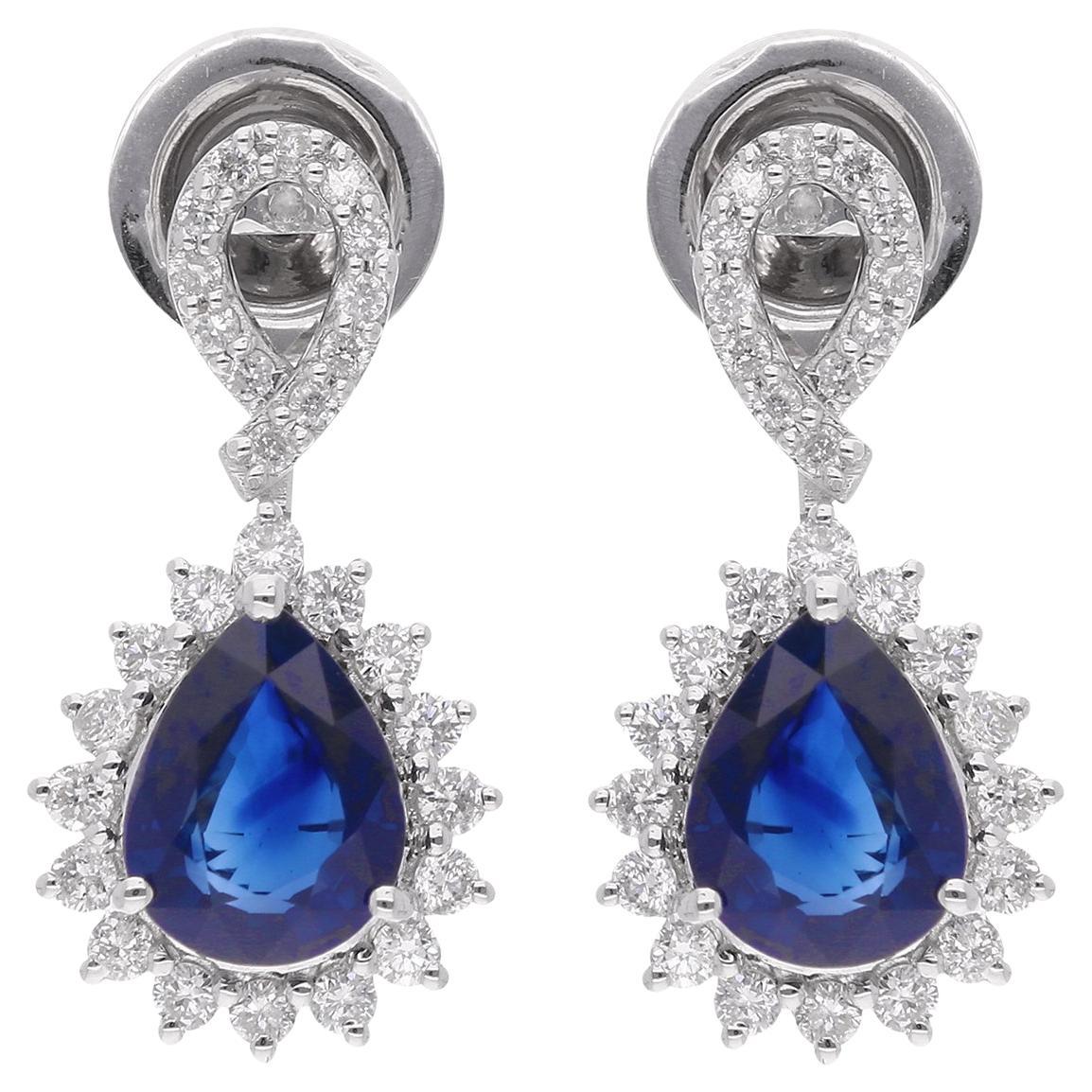 Boucles d'oreilles poire saphir bleu diamant or blanc 18 carats en vente