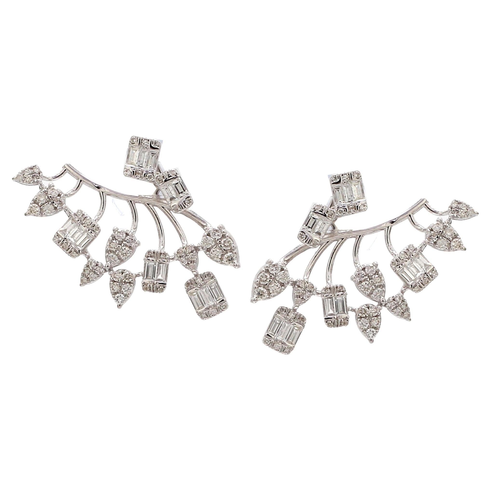 2.80 Carat Baguette Round Diamond Earrings 18 Karat White Gold Handmade Jewelry For Sale