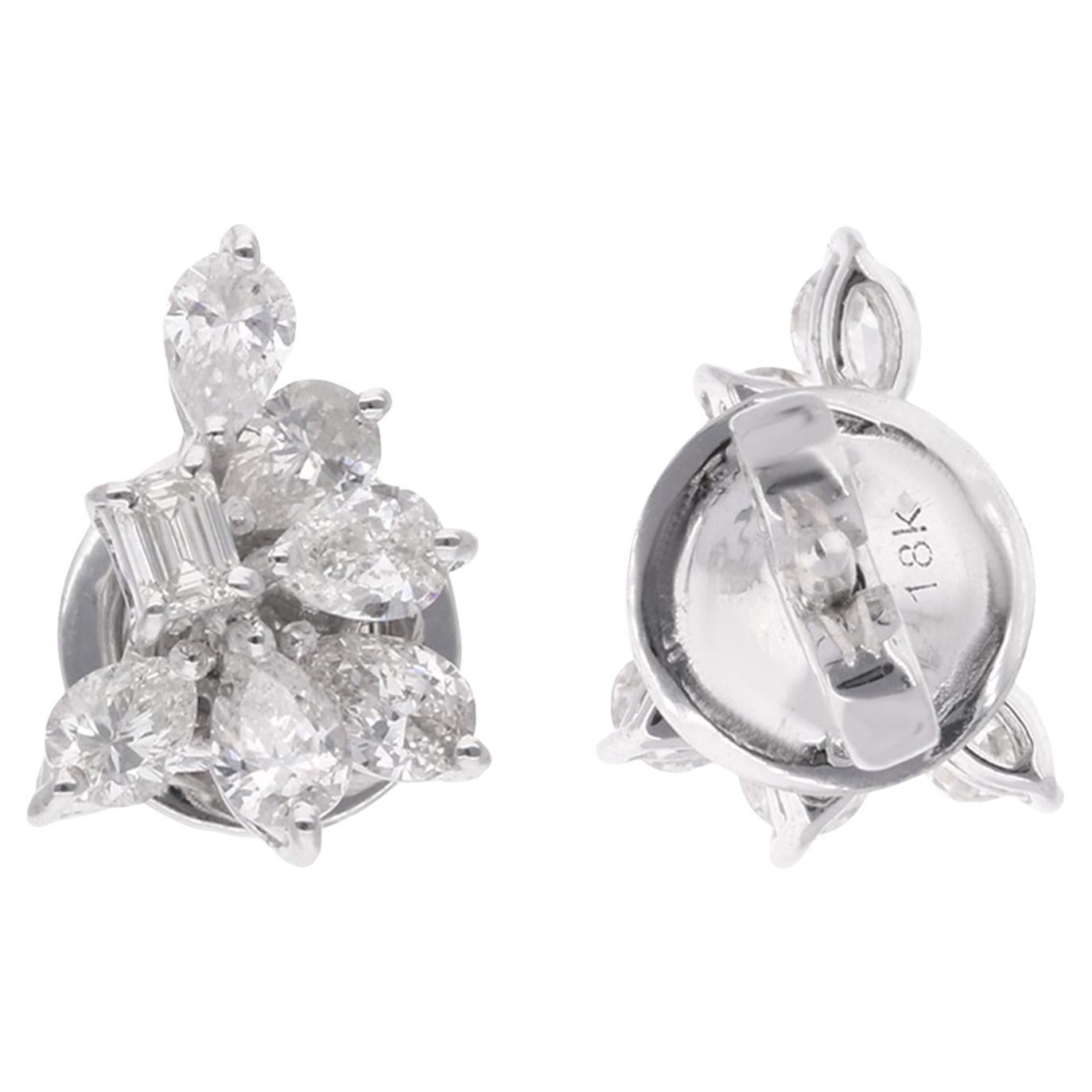 Boucles d'oreilles poire naturelle et diamant taille émeraude en or blanc 18 carats
