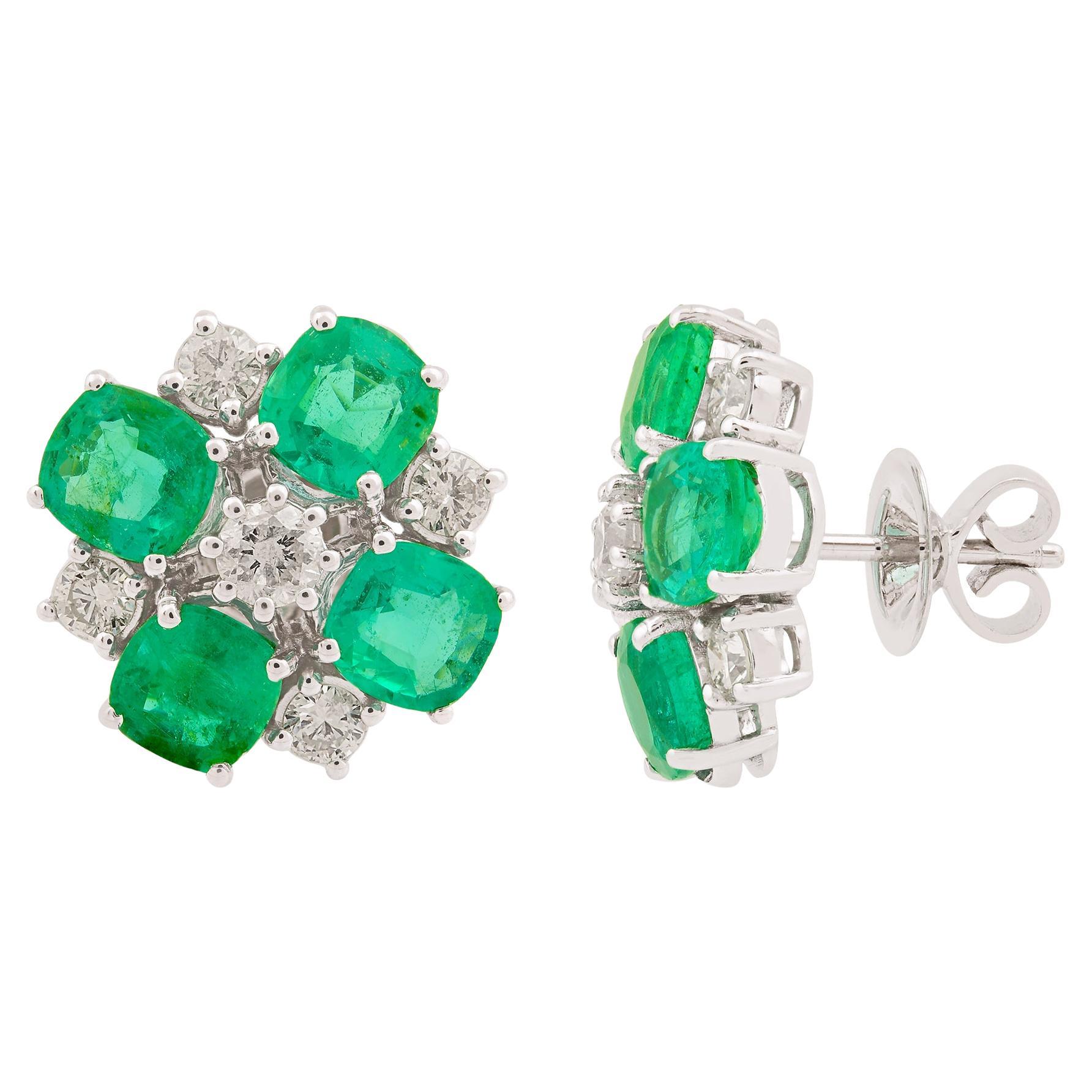 Boucles d'oreilles pierres précieuses émeraude de Zambie Diamant Or blanc 18 carats Bijoux fins