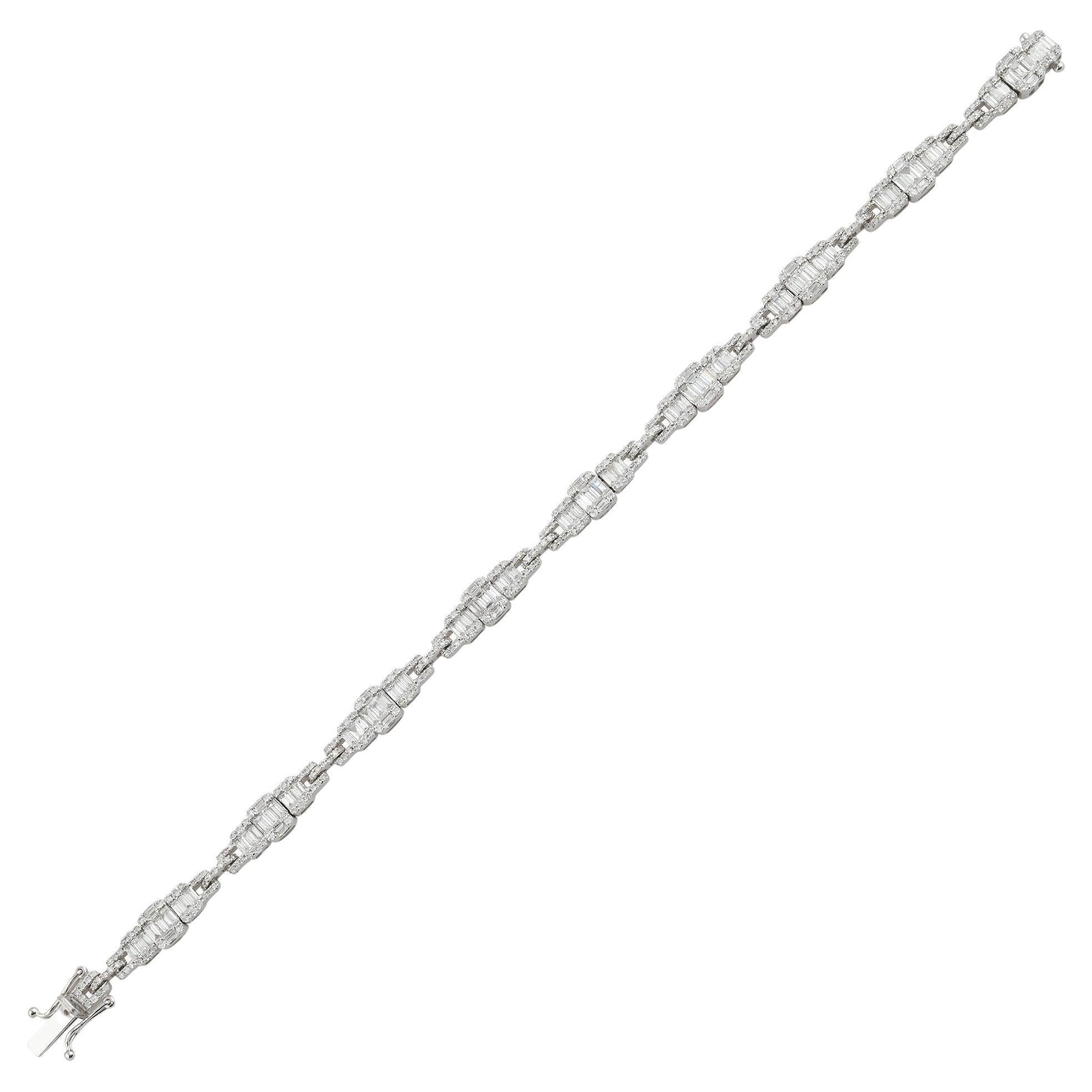 Bracelet à breloques en or blanc 18 carats avec diamants baguettes et ronds, fabrication artisanale