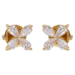 1.17 Carat Pear Shape Diamond Flower Stud Earrings 18 Karat Yellow Gold Jewelry