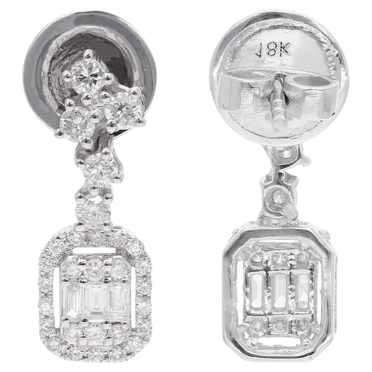 Baguette Round Diamond Dangle Earrings 18 Karat White Gold Handmade Fine Jewelry