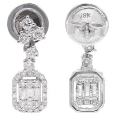 Pendientes colgantes de diamantes redondos baguette Oro blanco de 18 quilates Joyería fina hecha a mano