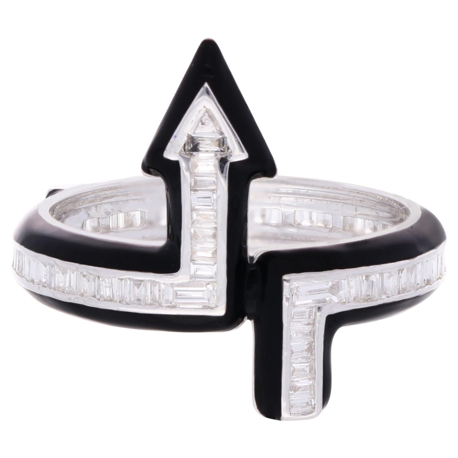 Anello a freccia con diamante baguette da 1/2 carato in oro bianco 18 carati Gioielli con smalto nero