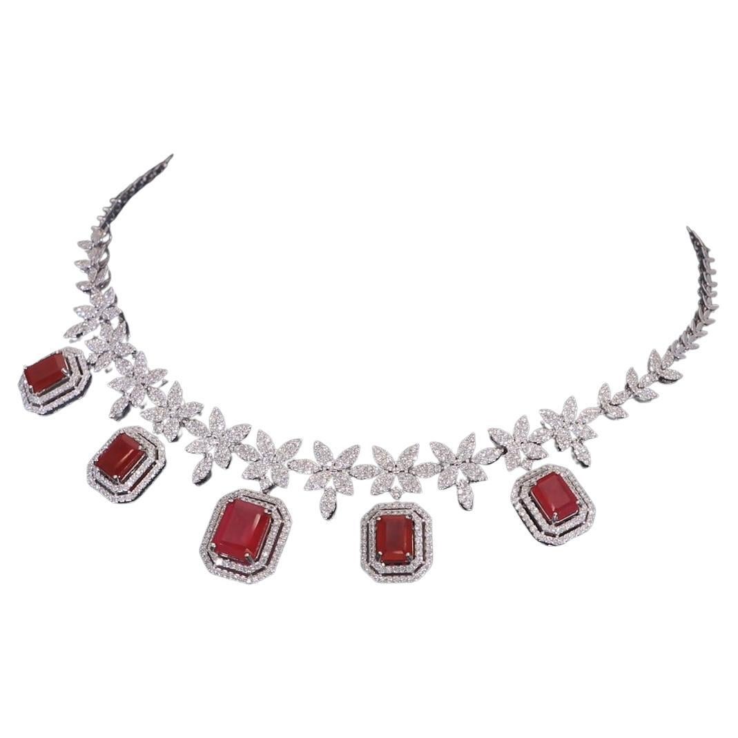 Pink Gemstone Charm Necklace Diamond 18 Karat White Gold Handmade Fine Jewelry