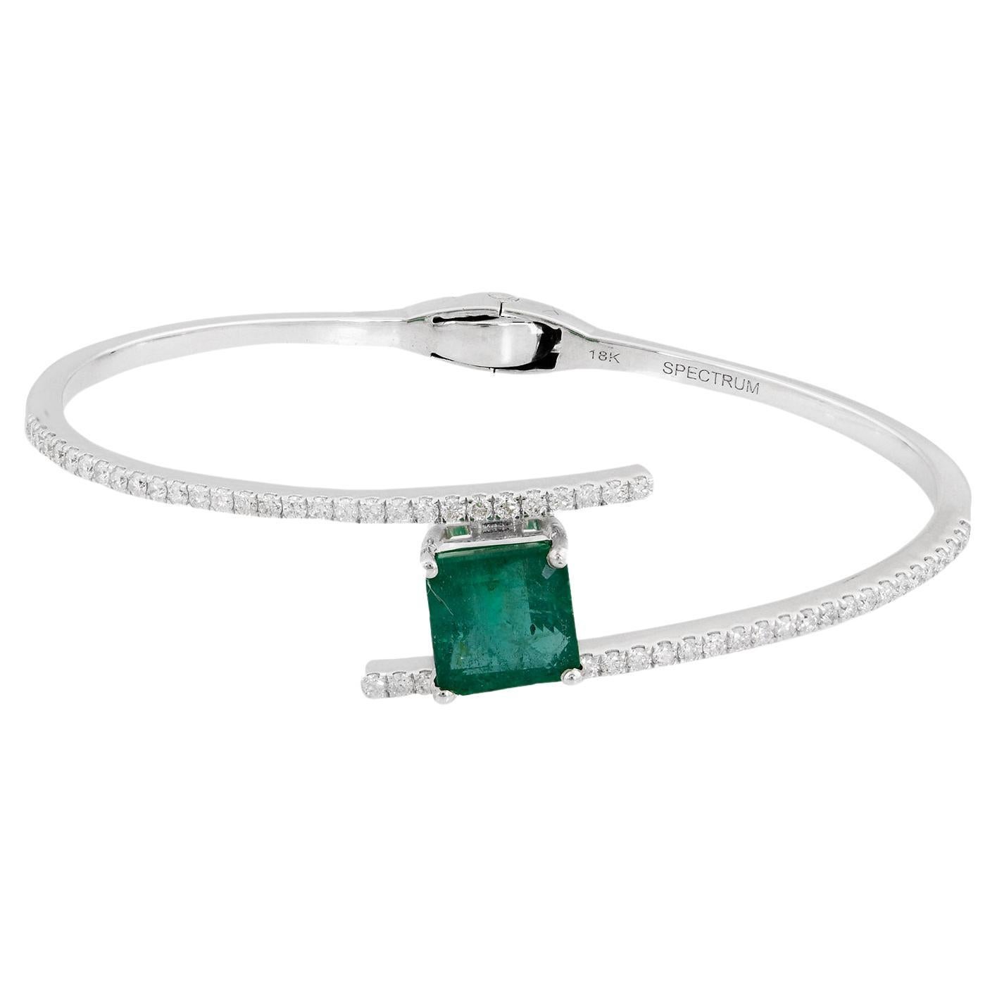 Zambian Emerald Gemstone Bangle Diamond Bracelet 18 Karat White Gold Jewelry