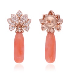 Coral Gemstone Dangle Earrings Diamond 18 Karat Rose Gold Handmade Fine Jewelry