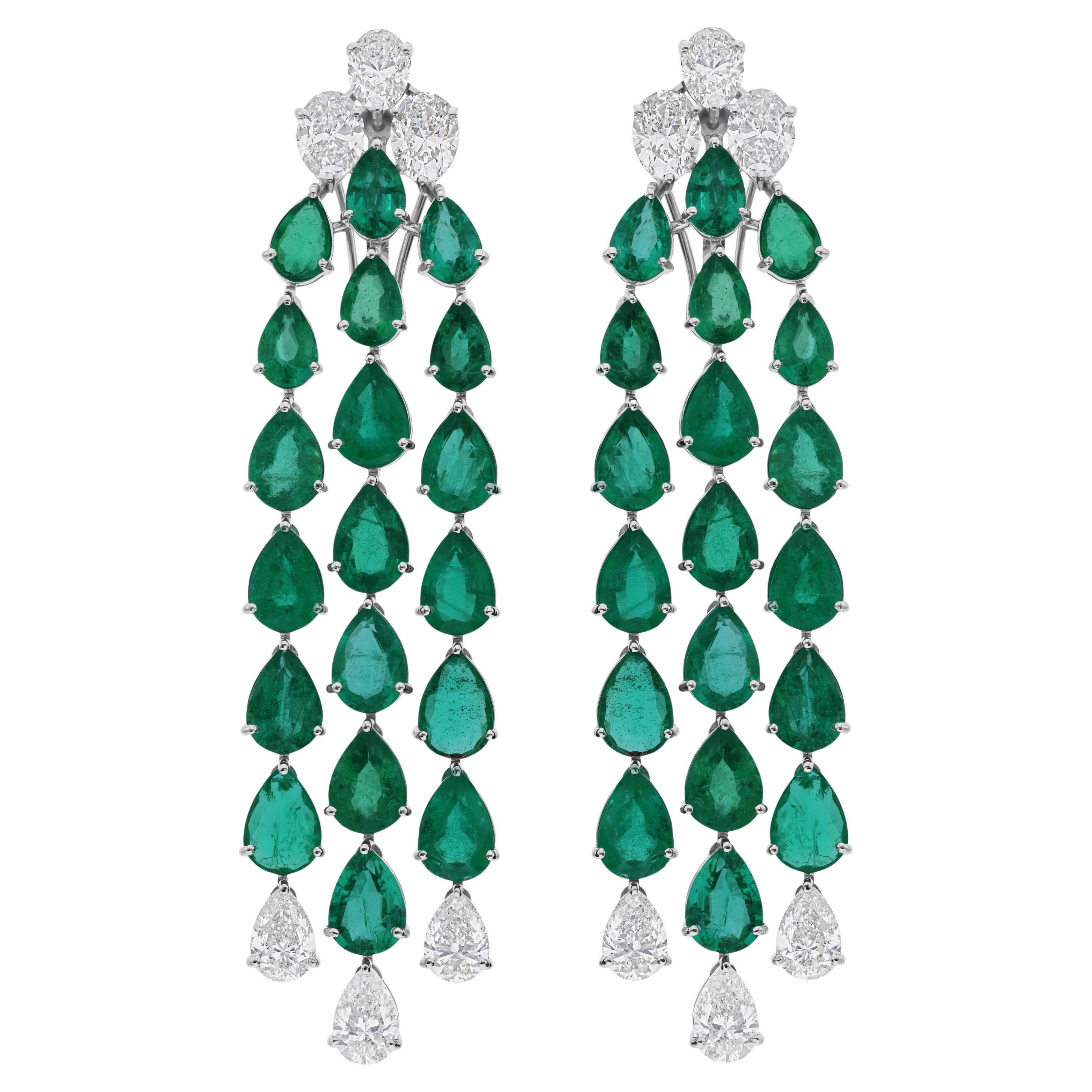 Orecchini Chandelier con gemma di smeraldo dello Zambia, diamante, oro bianco 14 carati