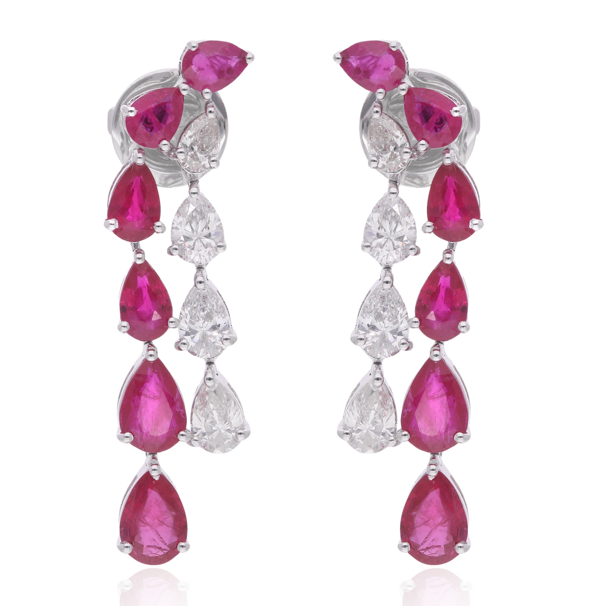 Pear Shape Ruby Gemstone Dangle Earrings Diamond 18 Karat White Gold Jewelry