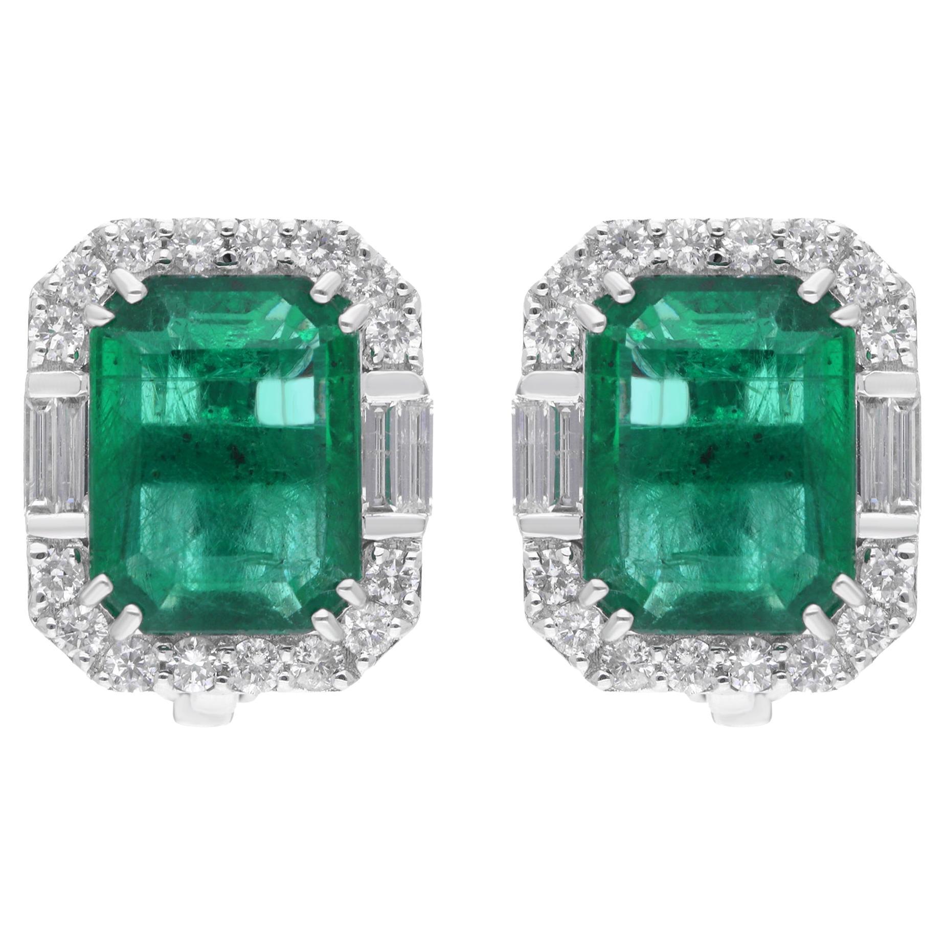 Boucles d
oreilles pierres précieuses émeraude de Zambie Diamant Or blanc 18 carats Bijoux fins