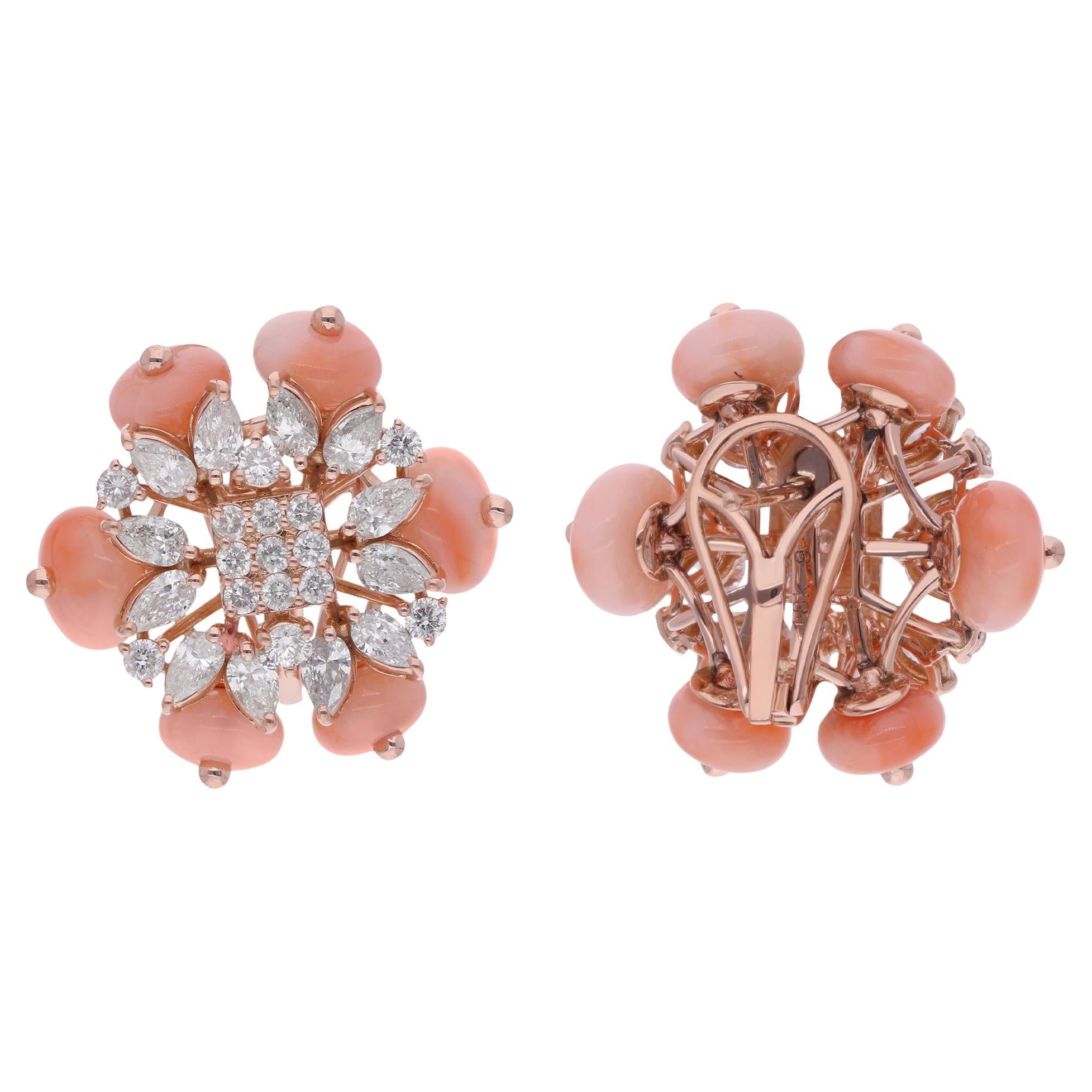 Pendientes de cuentas de piedras preciosas de coral Diamante redondo marquesa Joyas de oro rosa de 18 quilates