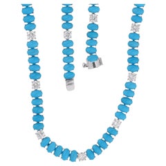 Ovale Türkis-Edelstein-Halskette Diamant 18 Karat Weißgold Handmade Jewelry
