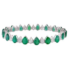 Pear Zambian Emerald Gemstone Bracelet Diamond 14 Karat White Gold Fine Jewelry