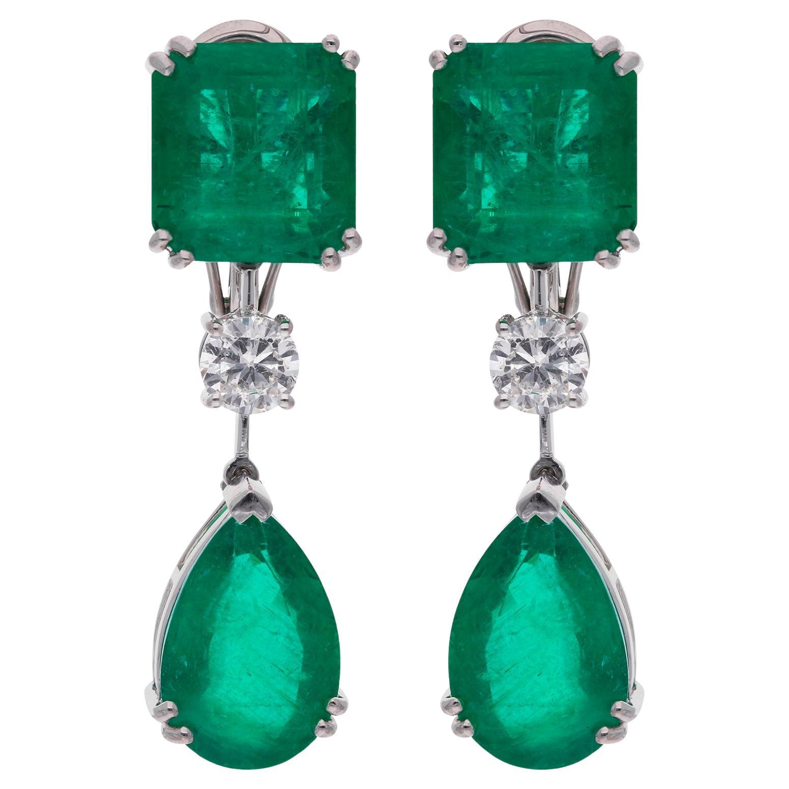 Orecchini a pendente con gemma di smeraldo dello Zambia Diamante Oro bianco 14 carati Nuovi gioielli