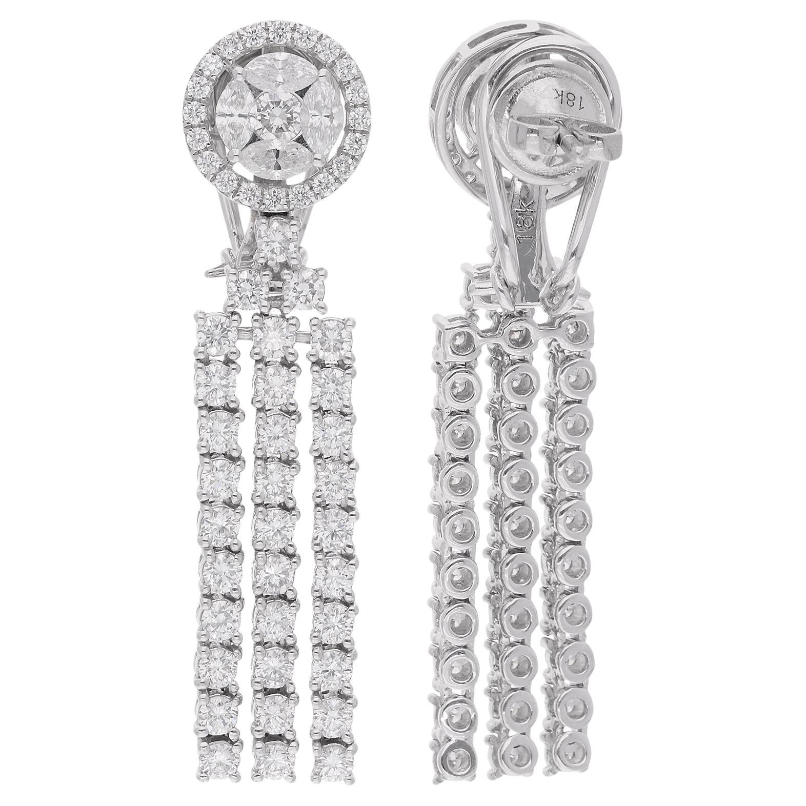 Boucles d
oreilles chandelier en or blanc 14 carats avec diamants ronds naturels de 4,38 carats