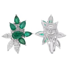 Orecchini con gemma di smeraldo dello Zambia, vera pera, diamante marquise, oro bianco 14 carati