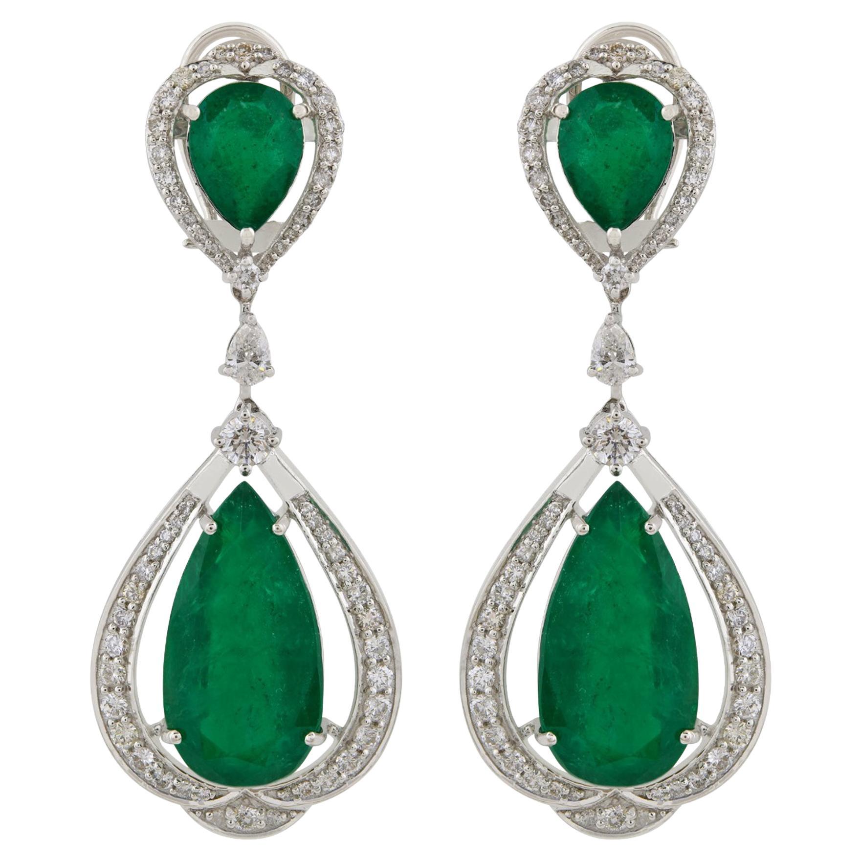 Zambian Emerald Gemstone Dangle Earrings Diamond 18 Karat White Gold Jewelry New