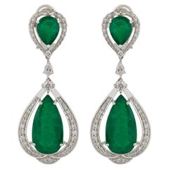 Zambian Emerald Gemstone Dangle Earrings Diamond 18 Karat White Gold Jewelry New