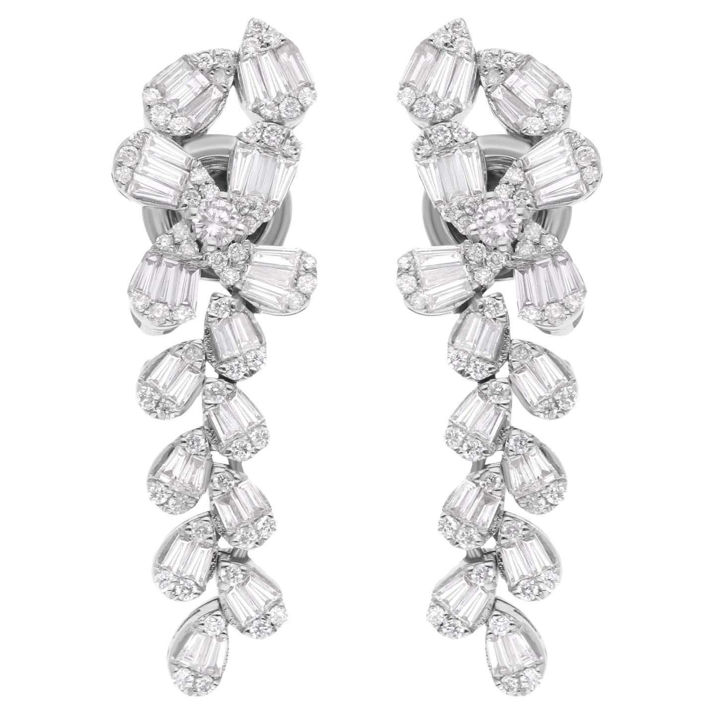 SI Clarity HI Color Baguette Diamond Dangle Earrings 14 Karat White Gold Jewelry