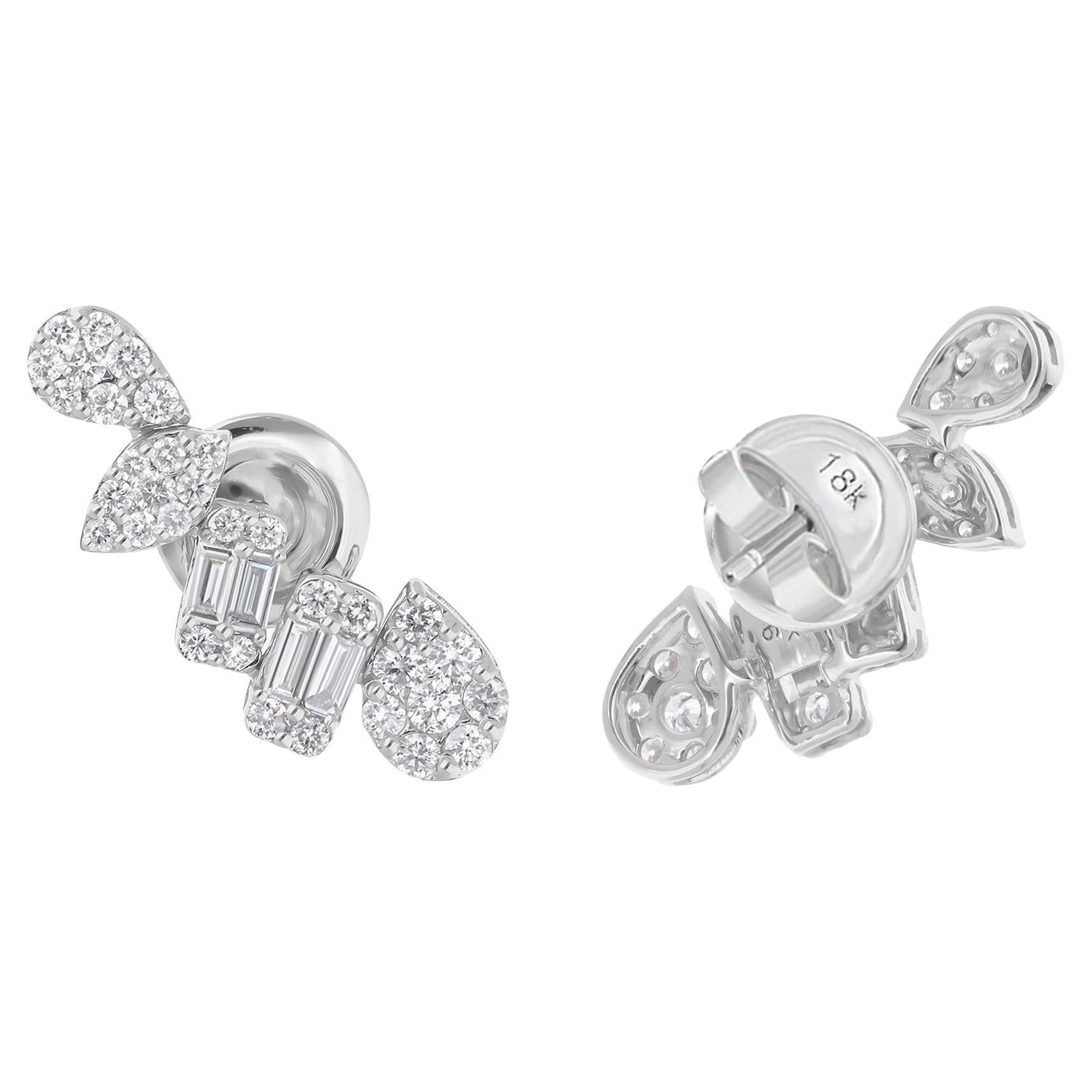 Natural 0.98 Carat Baguette 
Round Diamond Earrings 14 Karat White Gold Jewelry