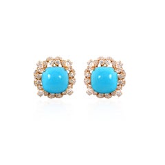 6.85ct Arizona Turquoise Stud Earrings Diamond Pave 18k Yellow Gold Certified