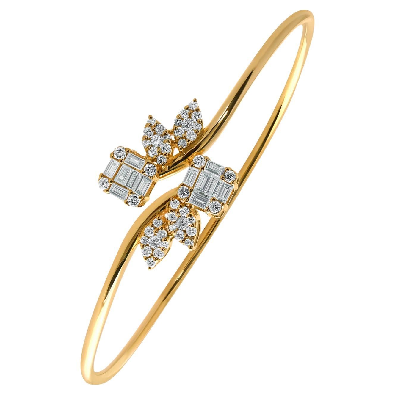 Bracelet manchette en or jaune 14 carats avec diamants baguettes naturels SI/HI en vente