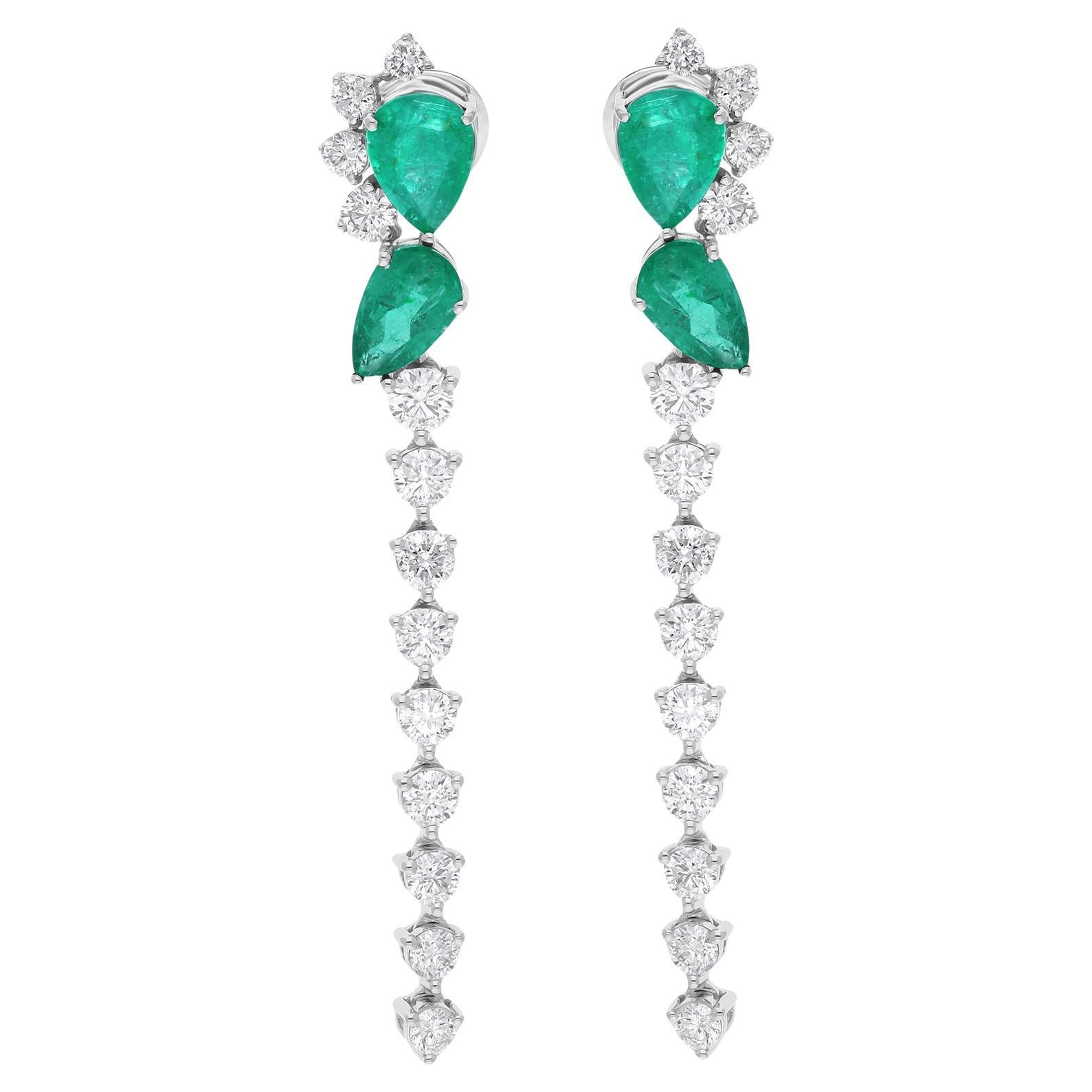 Boucles d
oreilles pendantes en or blanc 18 carats avec diamant en pierre d
émeraude véritable de Zambie