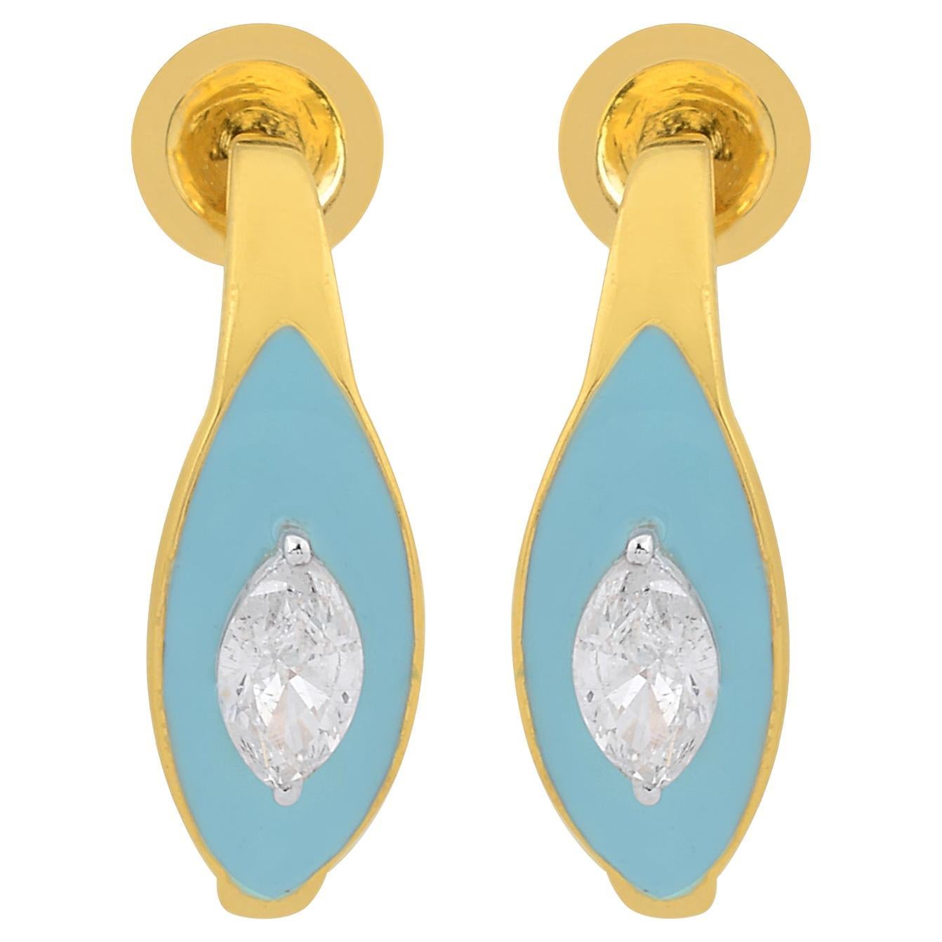 Boucles d
oreilles demi-créoles en or jaune 18 carats avec diamants marquises, turquoises et émail de 0,75 carat en vente