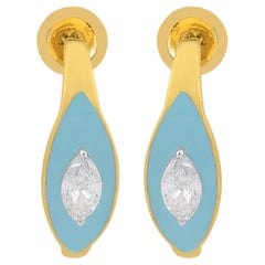 Boucles d
oreilles demi-créoles en or jaune 18 carats avec diamants marquises, turquoises et émail de 0,75 carat