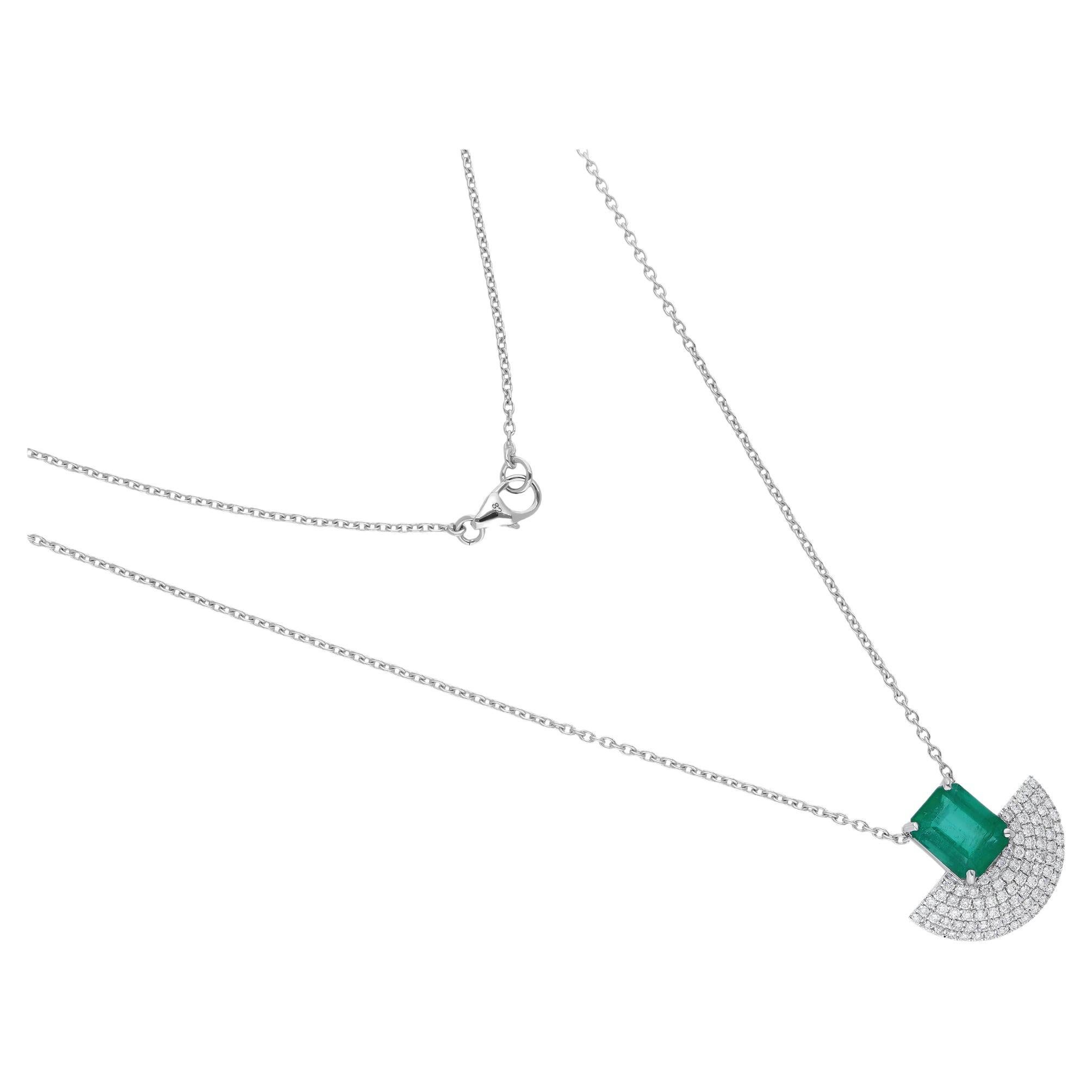 Real Zambian Emerald Hand Fan Charm Pendant Necklace Diamond 18 Karat White Gold For Sale