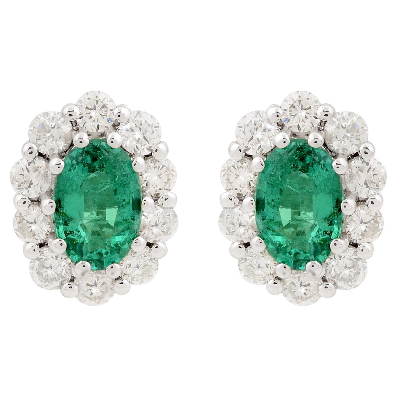 Orecchini a perno con smeraldo ovale dello Zambia SI/H Brilliante con diamante in oro bianco 18k