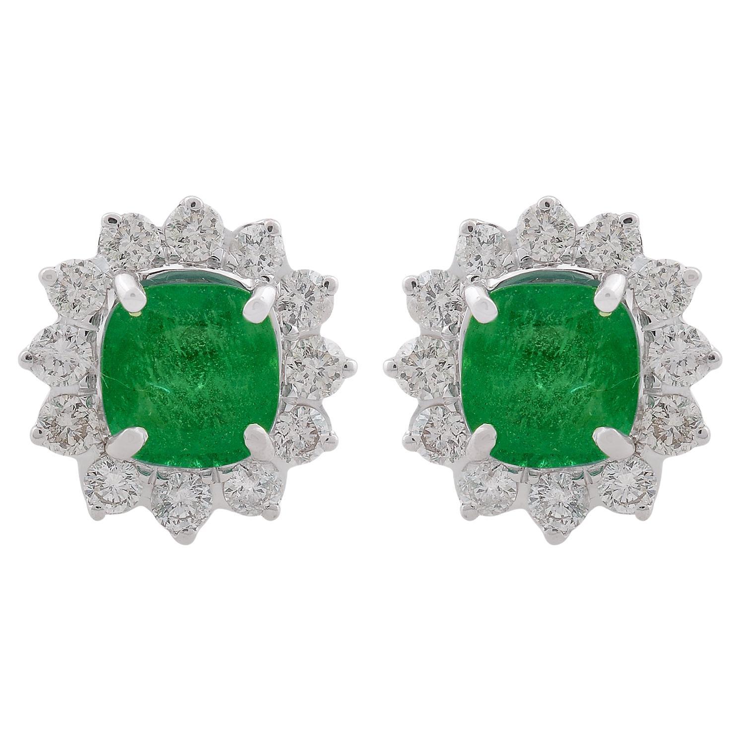 Boucles d'oreilles pierres précieuses émeraude de Zambie Diamant Or blanc 14 carats Bijoux fins