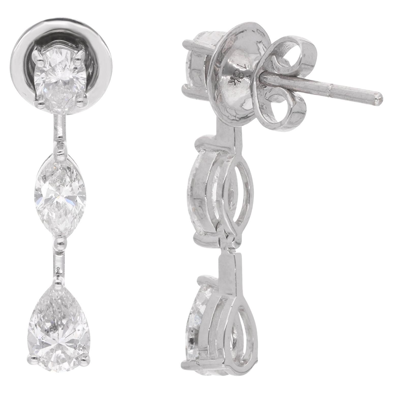 Boucles d'oreilles pendantes en or blanc 14 carats avec diamant ovale, marquise et poire de 2,16 carats