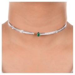 Pear Zambian Emerald Choker Necklace Diamond 18 Karat White Gold Fine Jewelry