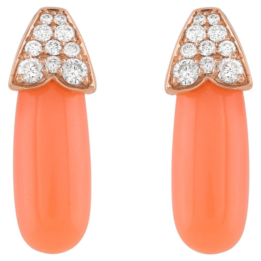 Natural Coral Gemstone Bead Earrings 18 Karat Rose Gold Diamond Handmade Jewelry For Sale