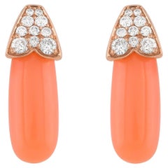 Natural Coral Gemstone Bead Earrings 18 Karat Rose Gold Diamond Handmade Jewelry