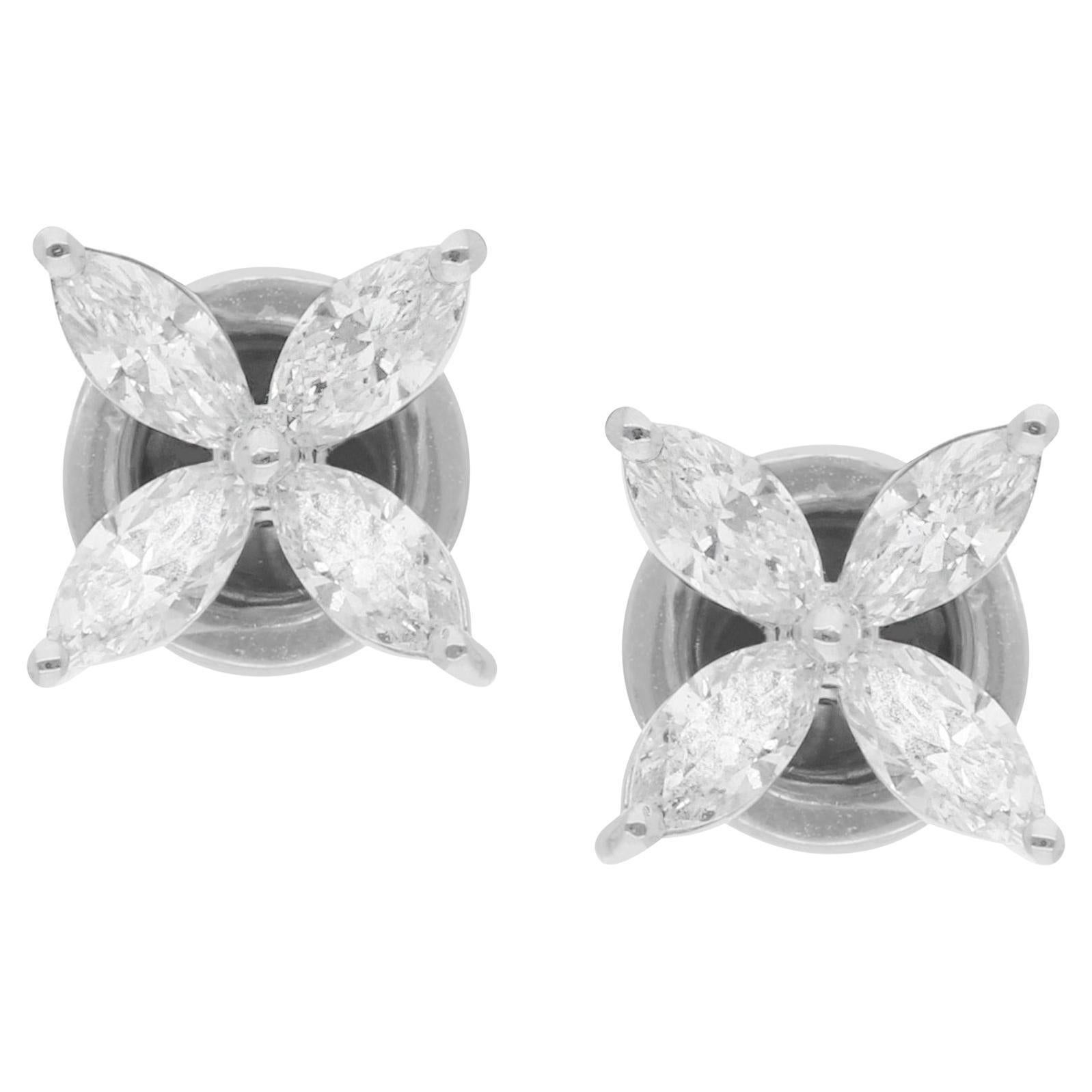 Clous d'oreilles fleur en or blanc 18 carats avec diamants taille marquise de 0,91 carat