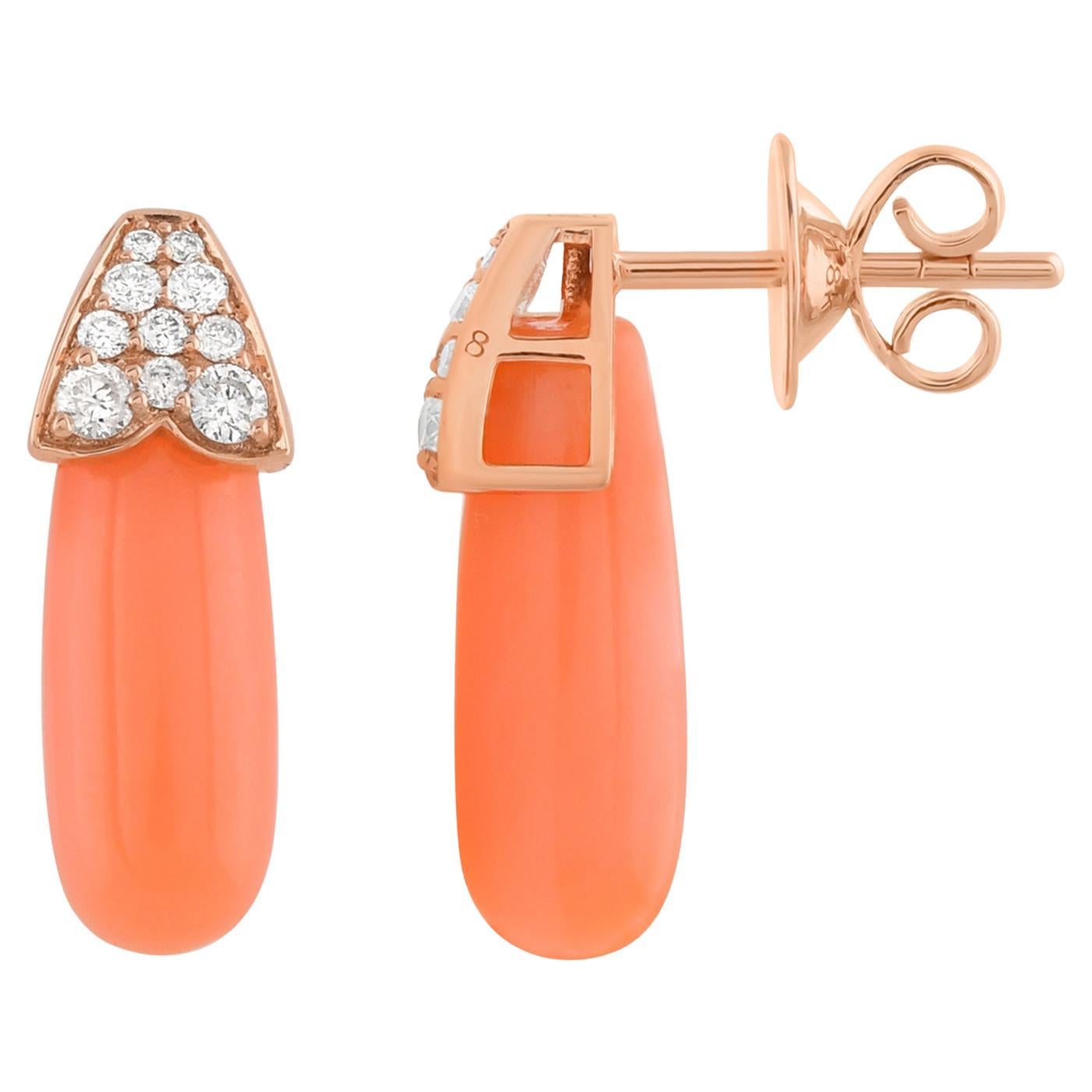 Coral Gemstone Earrings 14 Karat Rose Gold SI Clarity HI Color Diamond Jewelry