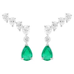 Zambian Emerald Ear Clamber Earrings Diamond 14 Karat White Gold Fine Jewelry