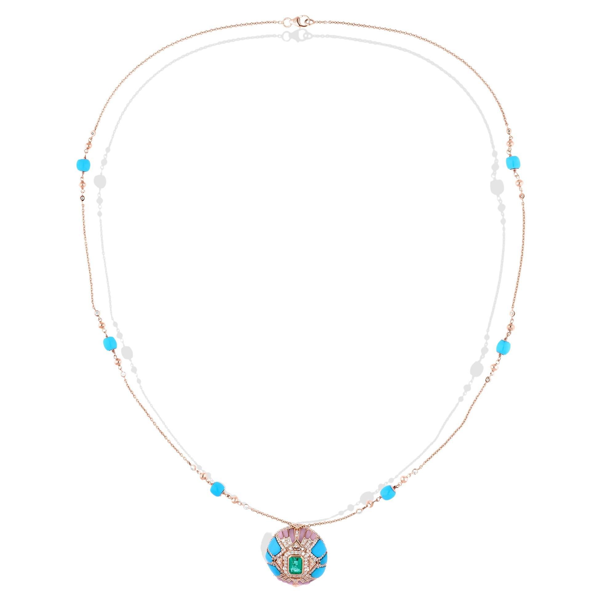 Ciondolo di turchese dell
Arizona Collana di smeraldi dello Zambia con diamanti in oro rosa 18 carati