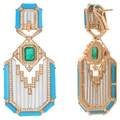 Orecchini Madreperla Turchese Diamante Smeraldo Gioielli in oro giallo 18 carati