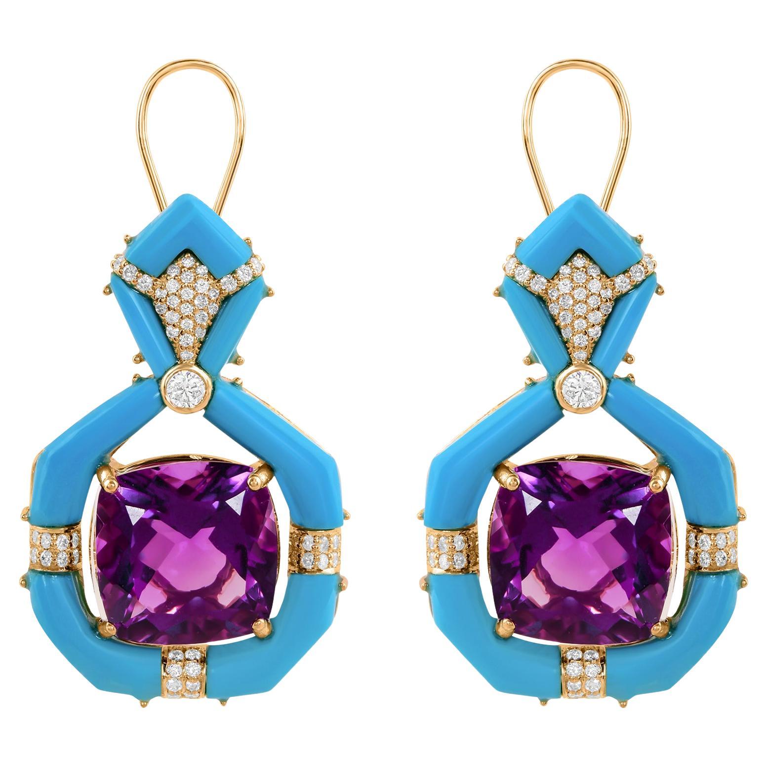 Amethyst Arizona Türkis Edelstein Ohrringe Diamant 14 Karat Gelbgold im Angebot